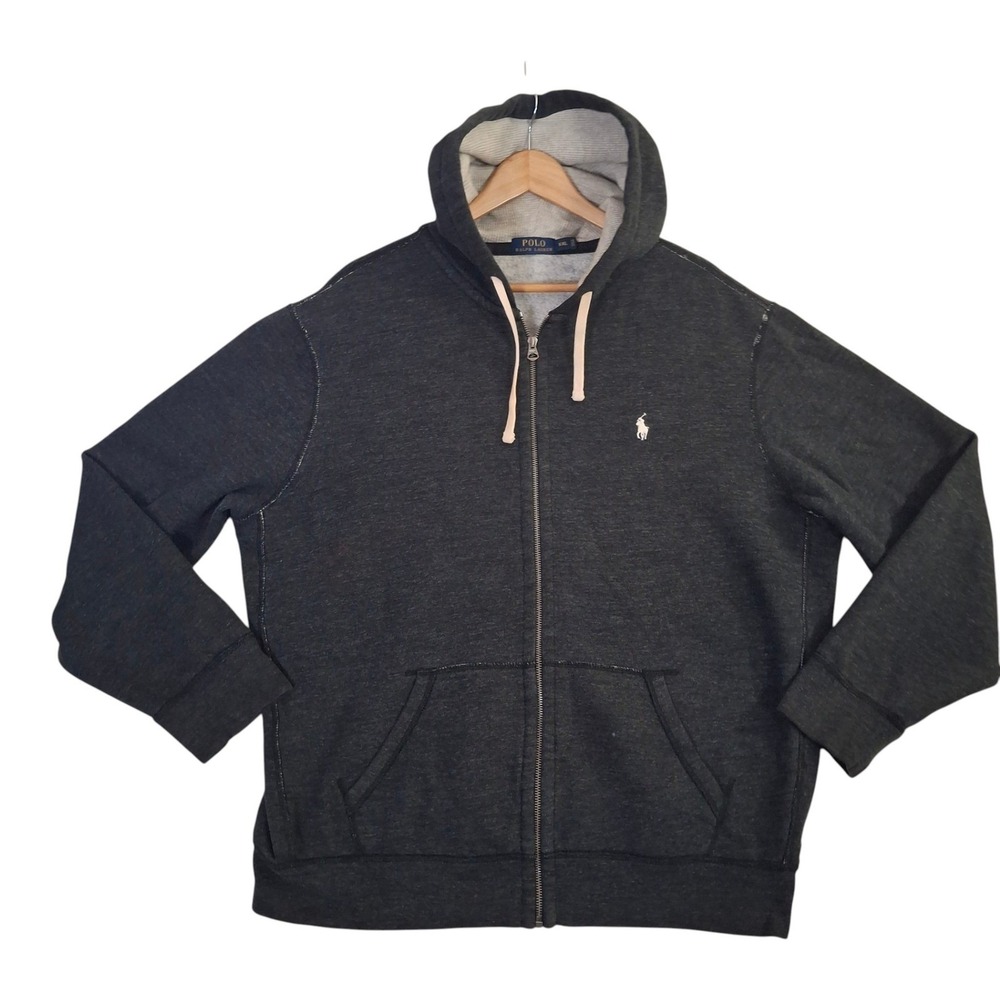 Polo Ralph Lauren Mens XXL Charcoal Gray Full Zip Fleece Waffle Lined Hoodie